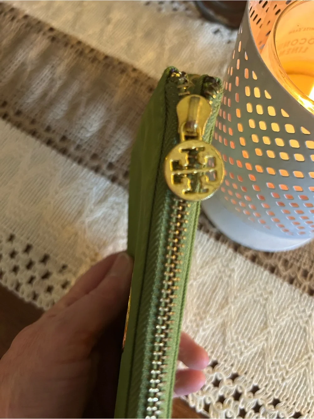 Tory Burch Lime Green Leather Wristlet with Gold Logo